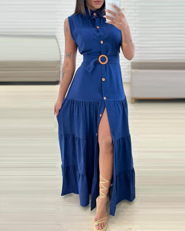 Turn down Collar Sleeveless Button Front Dress Casual Belted Slit Ruched Maxi Dress